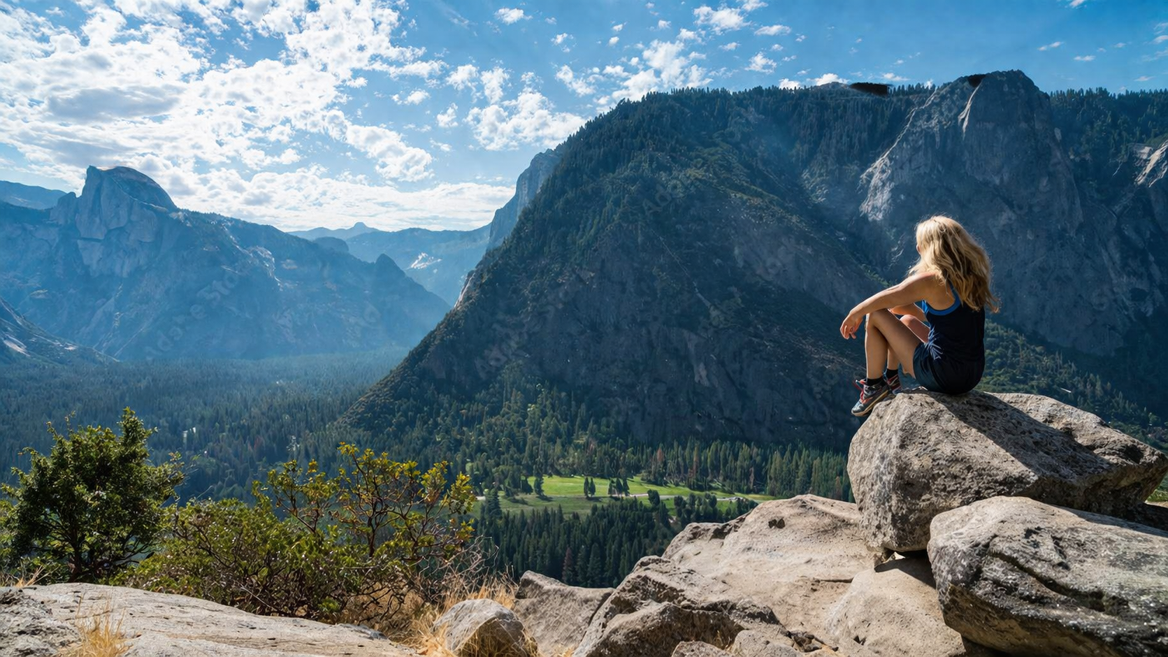 Person sitting on a rock overlooking a mountainous landscape with a clear blue sky.