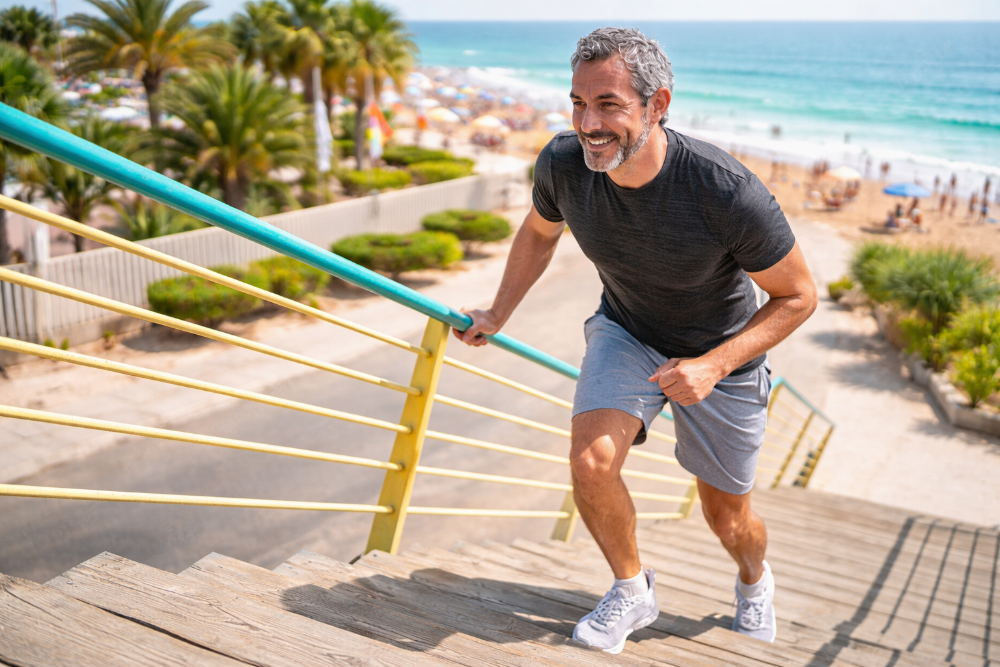 Man exercising outdoors on a staircase with a beach in the background