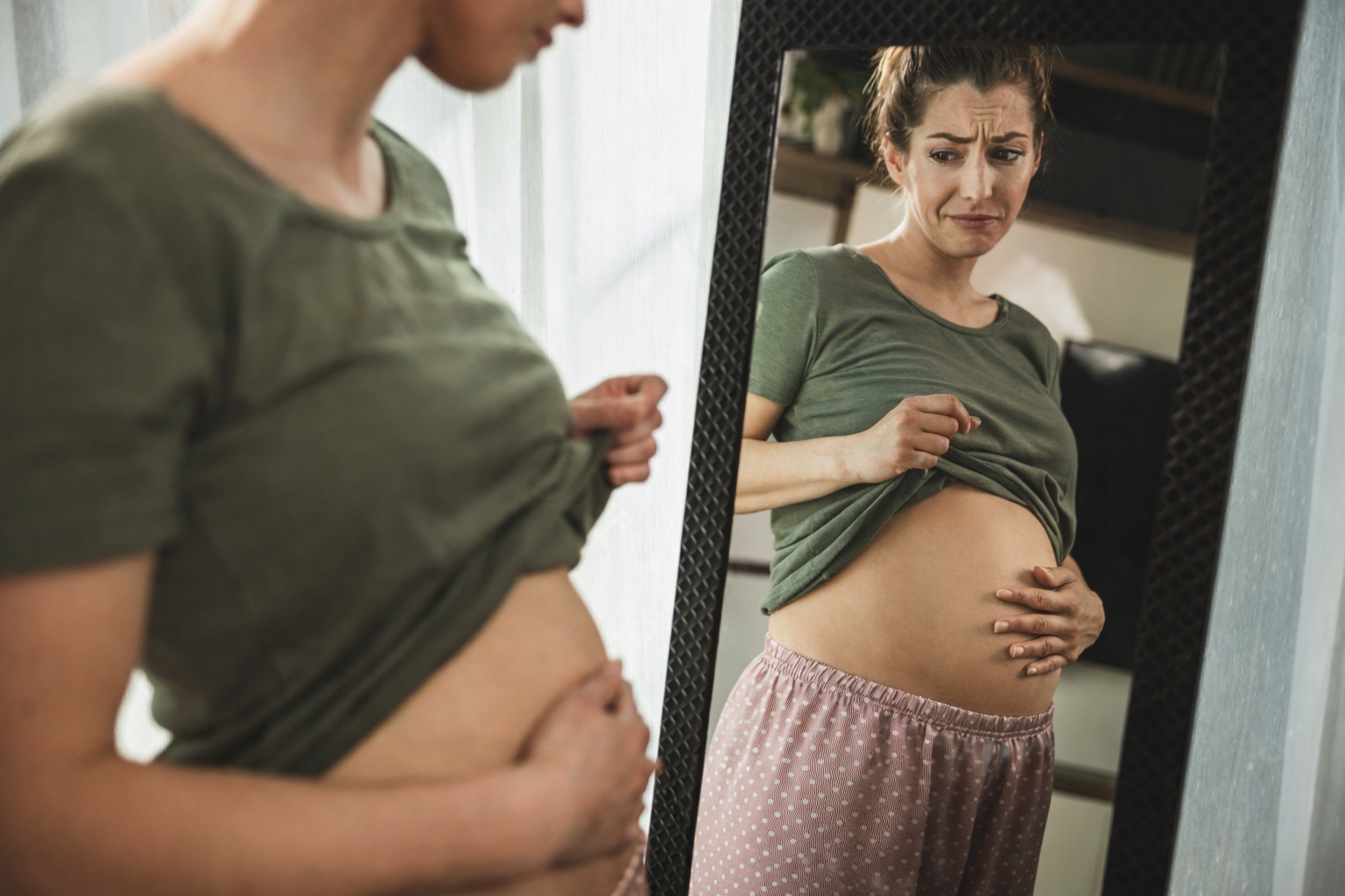Bloated woman with digestion issues looking at herself in the mirror.