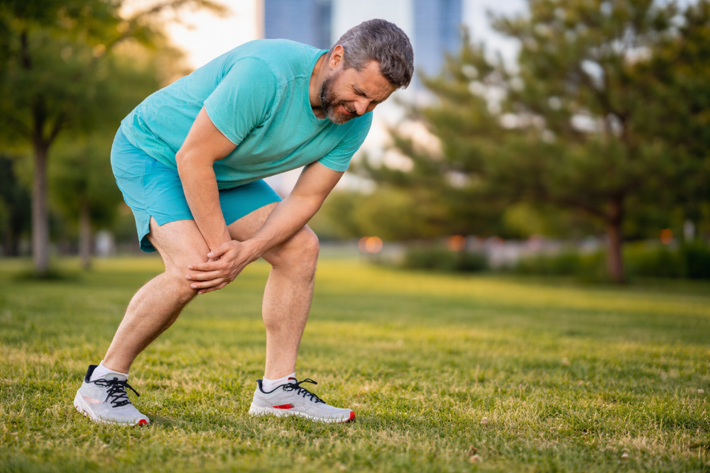 Man in a park experiencing knee pain